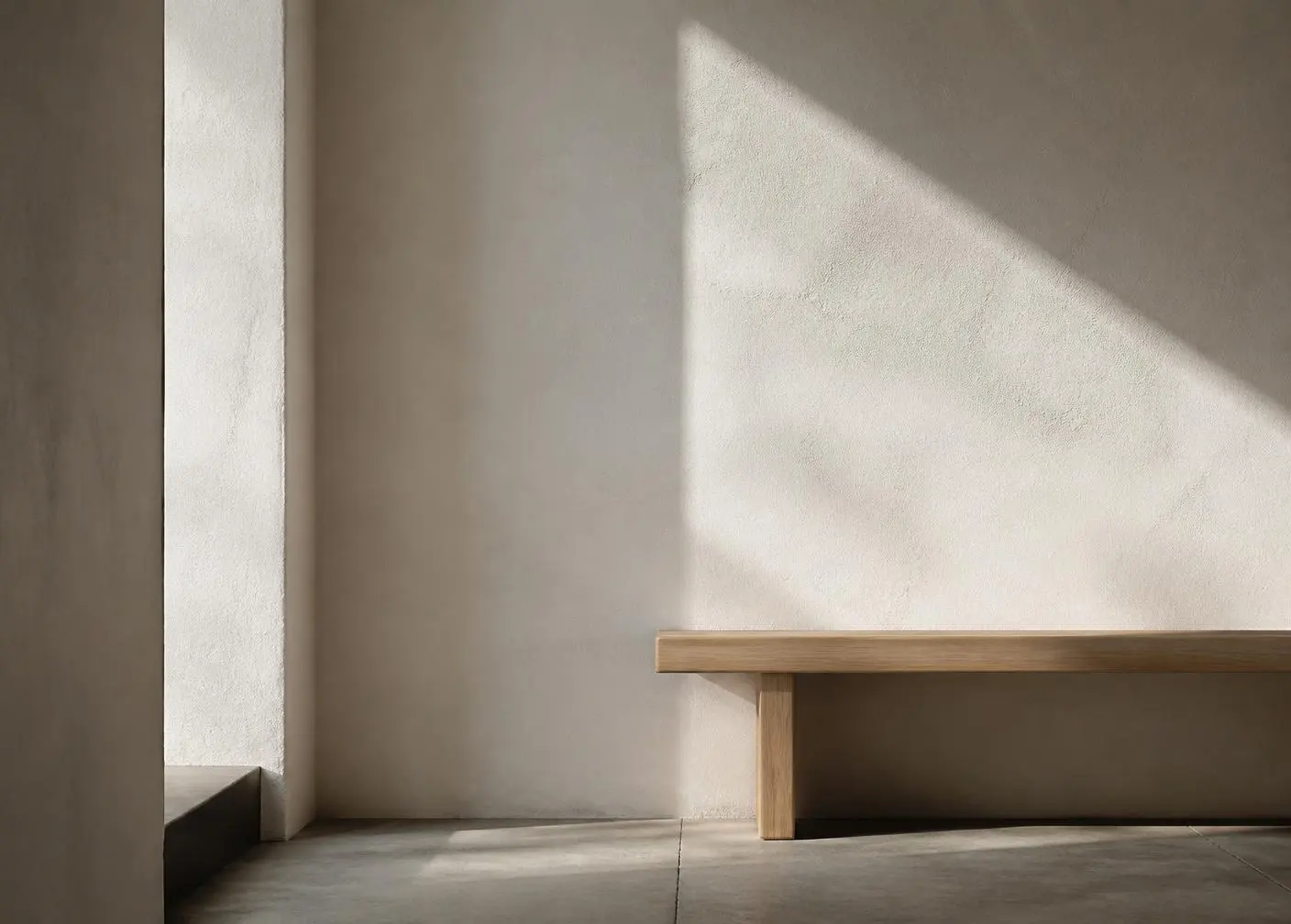 Sunlit Scandinavian interior with a minimal oak bench